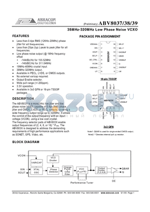 ABV8037QCL-T datasheet - 38MHz-320MHz Low Phase Noise VCXO