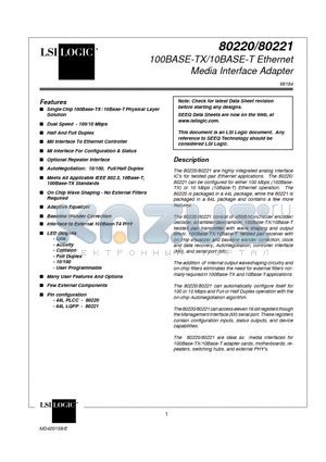 80220 datasheet - 100BASE-TX/10BASE-T Ethernet Media Interface Adapter