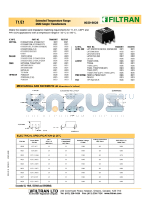 8025 datasheet - T1/E1 Extended Temperature Range SMD Single Transformers