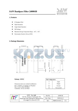 240801B datasheet - SAW Bandpass Filter