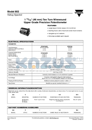 802C110KBO1 datasheet - 1 13/16inch (46 mm) Ten Turn Wirewound Upper Grade Precision Potentiometer