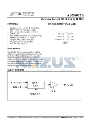 ABX0027B datasheet - Ultra Low Current XO 10 MHz to 52 MHz