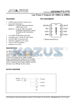 ABX0027T datasheet - Low Power 3 Outputs XO 10MHz to 52MHz