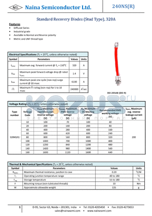 240NS100 datasheet - Standard Recovery Diodes (Stud Type), 320A