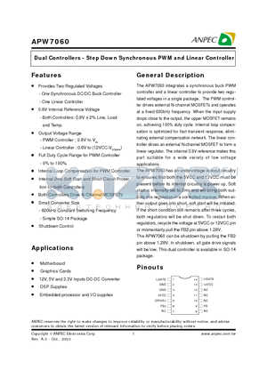 APW7060KC-TR datasheet - Dual Controllers - Step Down Synchronous PWM and Linear Controller