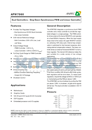 APW7060K datasheet - Dual Controllers - Step Down Synchronous PWM and Linear Controller