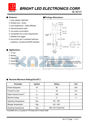 BL-S2131 datasheet - GaP/GaP Green Low power consumption.