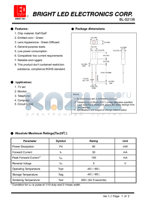 BL-S2136 datasheet - GaP/GaP Green Low power consumption.