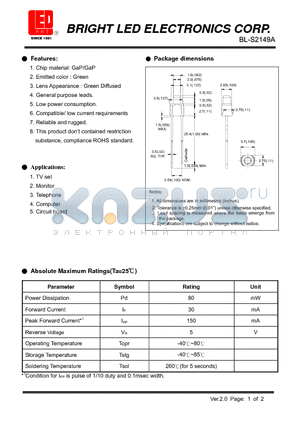 BL-S2149A datasheet - GaP/GaP Green Low power consumption.