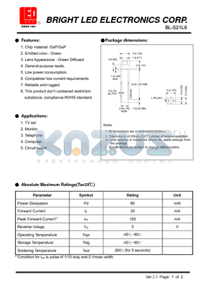 BL-S21L8 datasheet - GaP/GaP Green Low power consumption.