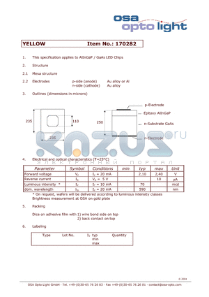 170282 datasheet - AlInGaP / GaAs LED Chips