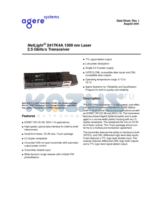 2417K4A datasheet - NetLight 2417K4A 1300 nm Laser 2.5 Gbits/s Transceiver