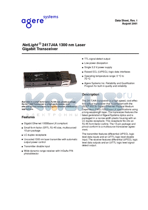 2417J4A datasheet - NetLight 2417J4A 1300 nm Laser Gigabit Transceiver