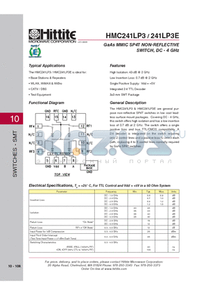 241LP3E datasheet - GaAs MMIC SP4T NON-REFLECTIVE SWITCH, DC - 4 GHz