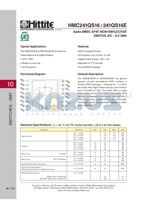 241QS16E datasheet - GaAs MMIC SP4T NON-REFLECTIVE SWITCH, DC - 3.5 GHz