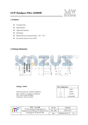 242004B datasheet - SAW Bandpass Filter