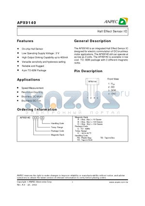 APX9140 datasheet - Hall Effect Sensor IC