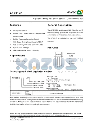 APX9145EE-TB datasheet - High Sensitivity Hall Effect Sensor IC with FG Output