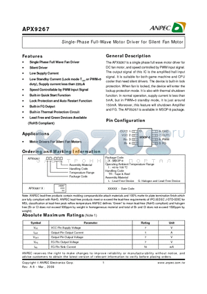 APX9267 datasheet - Single-Phase Full-Wave Motor Driver for Silent Fan Motor