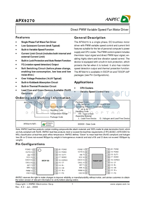 APX9270 datasheet - Direct PWM Variable Speed Fan Motor Driver