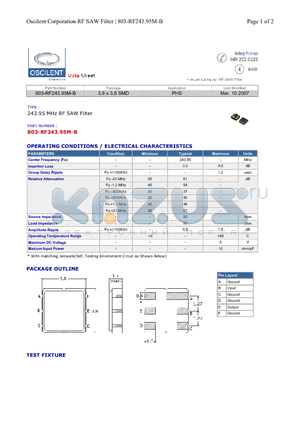 803-RF243.95M-B datasheet - 243.95 MHz RF SAW Filter