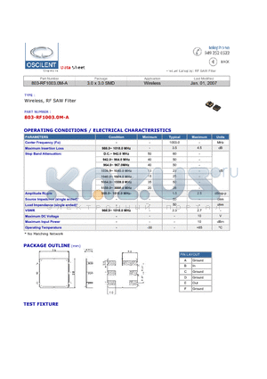 803-RF1003.0M-A datasheet - Wireless, RF SAW Filter