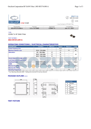 803-RF374.0M-A datasheet - CDMA Tx RF SAW Filter