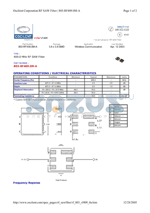 803-RF409.0M-A datasheet - 409.0 MHz RF SAW Filter