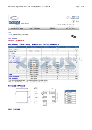 803-RF1415.0M-A datasheet - 1415.0 MHz RF SAW Filter