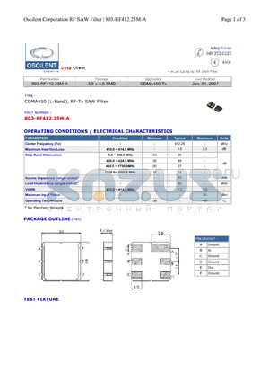 803-RF412.25M-A datasheet - CDMA450 (L-Band), RF-Tx SAW Filter