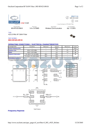 803-RF425.0M-B datasheet - 425.0 MHz RF SAW Filter