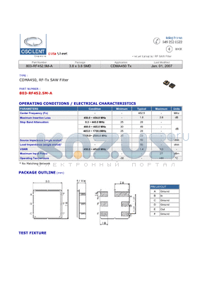 803-RF452.5M-A datasheet - CDMA450, RF-Tx SAW Filter