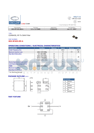 803-RF455.0M-A datasheet - CDMA450, RF-Tx SAW Filter