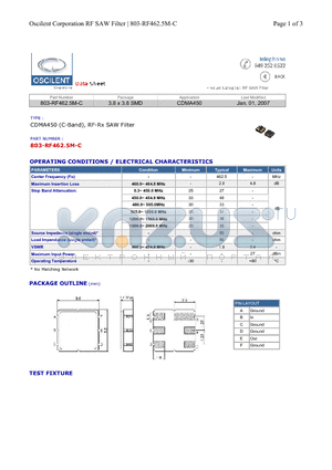 803-RF462.5M-C datasheet - CDMA450 (C-Band), RF-Rx SAW Filter