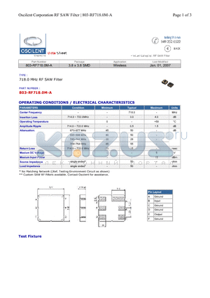 803-RF718.0M-A datasheet - 718.0 MHz RF SAW Filter