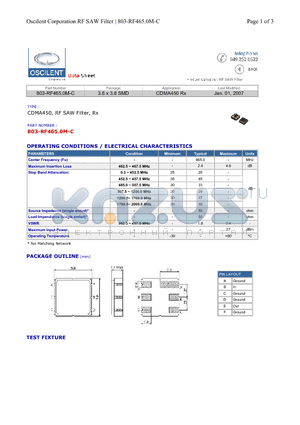 803-RF465.0M-C datasheet - CDMA450, RF SAW Filter, Rx