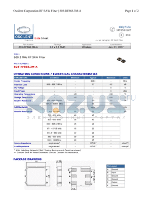 803-RF868.3M-A datasheet - 868.3 MHz RF SAW Filter