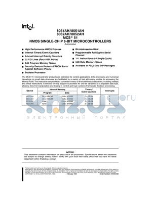 8031AH datasheet - NMOS SINGLE-CHIP 8-BIT MICROCONTROLLERS