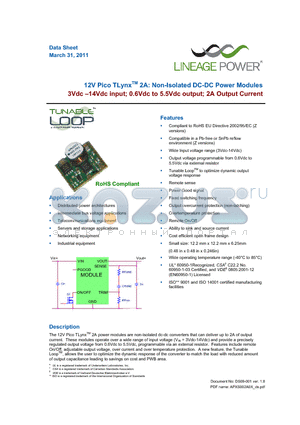 APXS002A0X datasheet - 12V Pico TLynxTM 2A: Non-Isolated DC-DC Power Modules