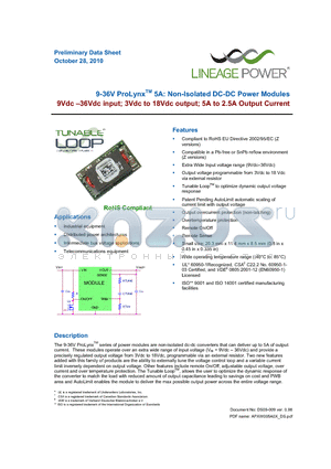 APXW005A0X3-SRZ_1010 datasheet - 9-36V ProLynxTM 5A: Non-Isolated DC-DC Power Modules 9Vdc 36Vdc input; 3Vdc to 18Vdc output; 5A to 2.5A Output Current