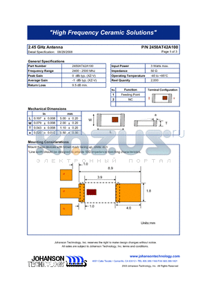 2450AT42A100 datasheet - 2.45 GHz Antenna