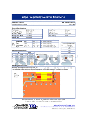 2450AT43D100E datasheet - 2.45 GHz Antenna