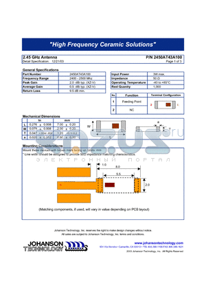 2450AT43A100 datasheet - 2.45 GHz Antenna