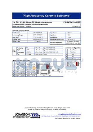 2450AT43B100 datasheet - 2.4 GHz WLAN, Home RF, Bluetooth Antenna