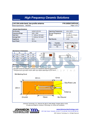 2450AT43F0100 datasheet - 2.45 GHz wide band, low profile antenna