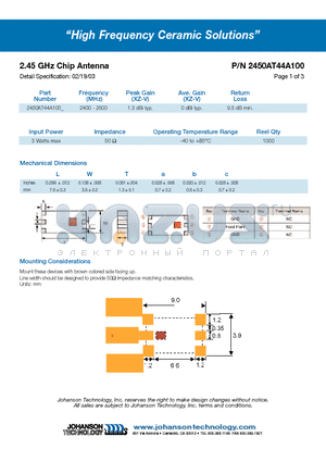 2450AT44A100 datasheet - 2.45 GHz Chip Antenna