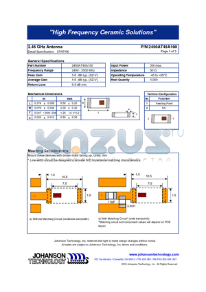 2450AT45A100 datasheet - 2.45 GHz Antenna