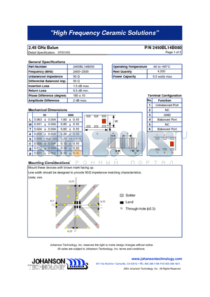 2450BL14B050 datasheet - 2.45 GHz Balun