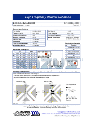 2450BL14B200 datasheet - 2.45GHz 1:4 Balun EIA 0603