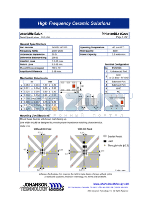 2450BL14C200 datasheet - 2450 MHz Balun